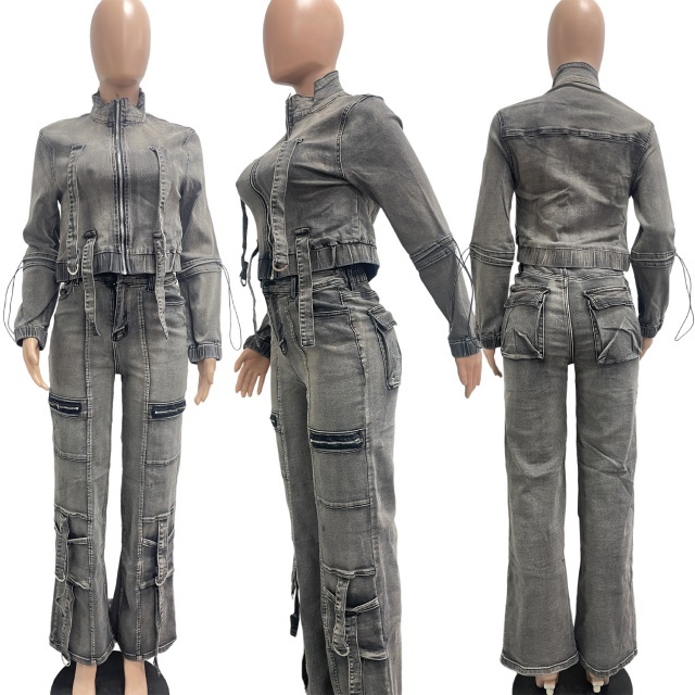 High-elastic Multi-pocket Washed Denim Casual Pant Suit