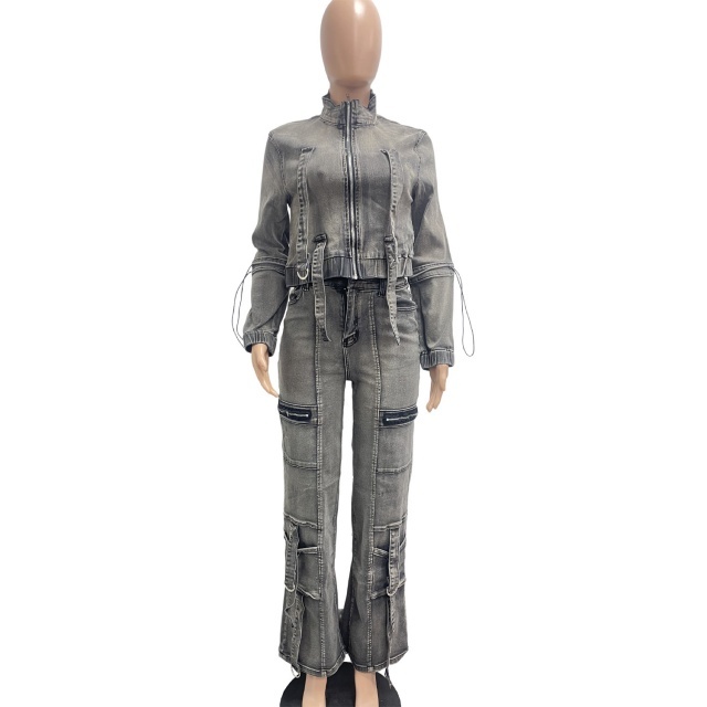 High-elastic Multi-pocket Washed Denim Casual Pant Suit