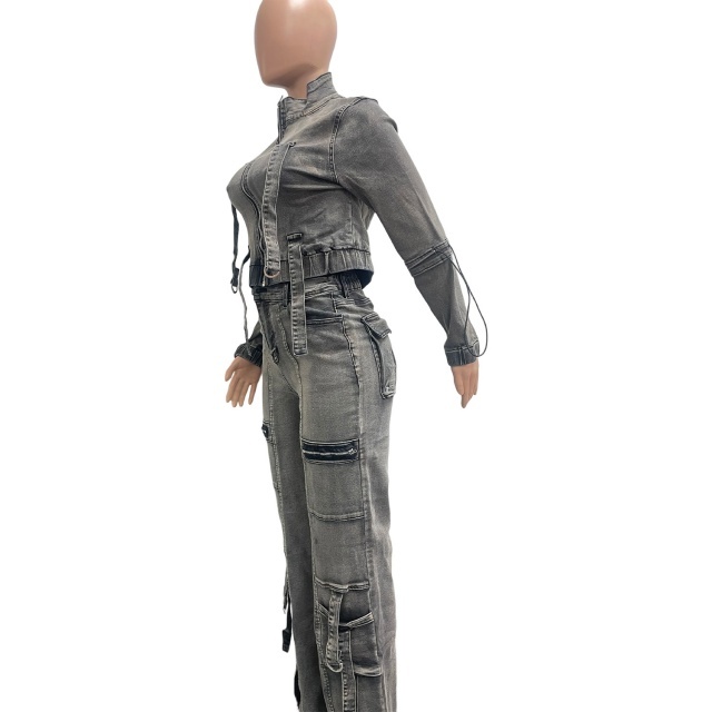 High-elastic Multi-pocket Washed Denim Casual Pant Suit