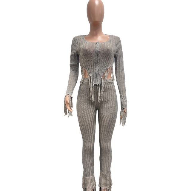 Knitted Crocheted Tassel Casual Pant Suit