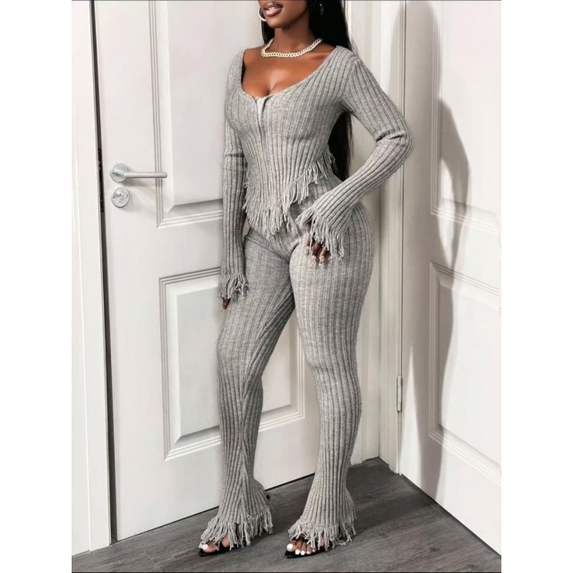 Knitted Crocheted Tassel Casual Pant Suit