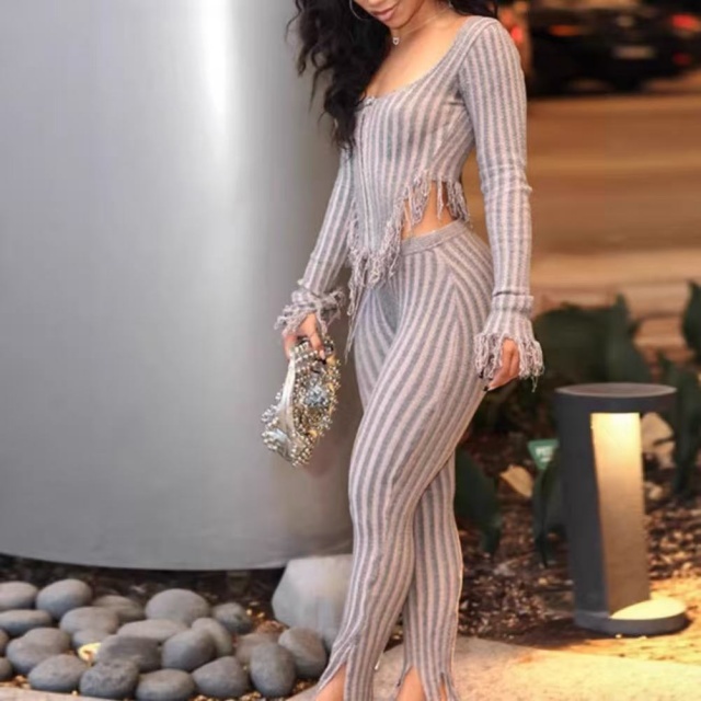 Knitted Crocheted Tassel Casual Pant Suit