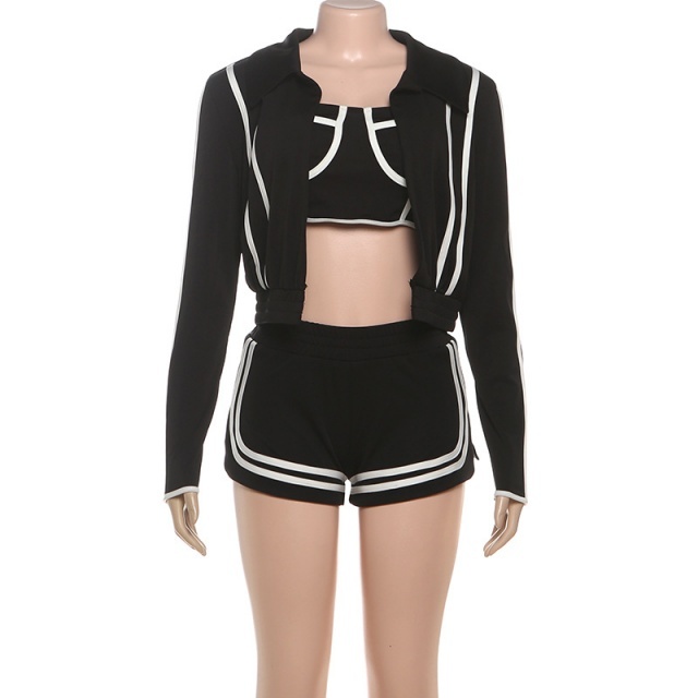 Striped Fashion Jacket Top 3 Pieces Short Set