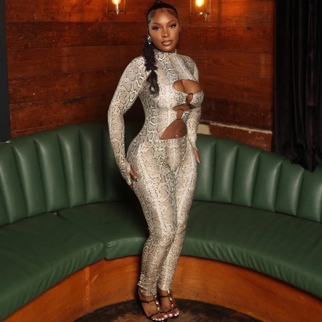 Hollow Out Style Printed Tight Jumpsuit