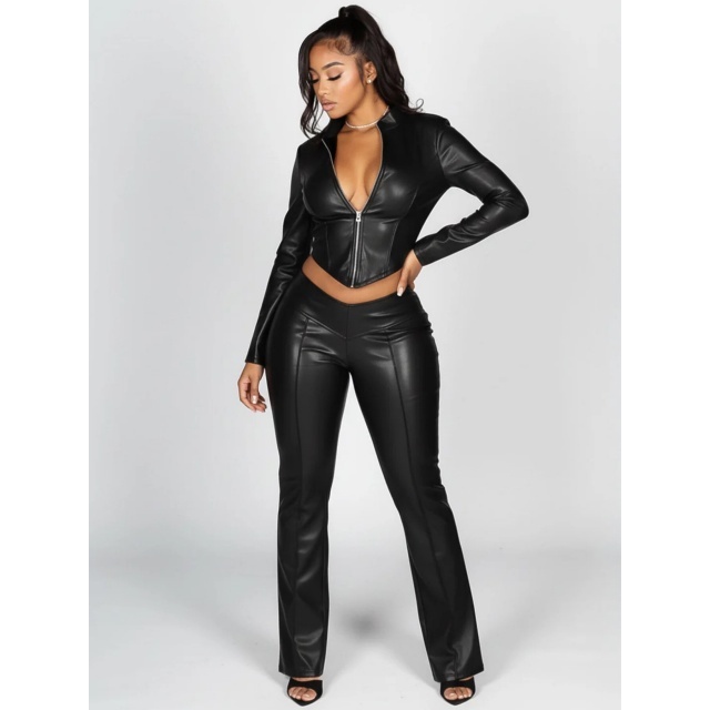 Slim Fit Zippered Stretch Leather Jacket Flared Pants Set