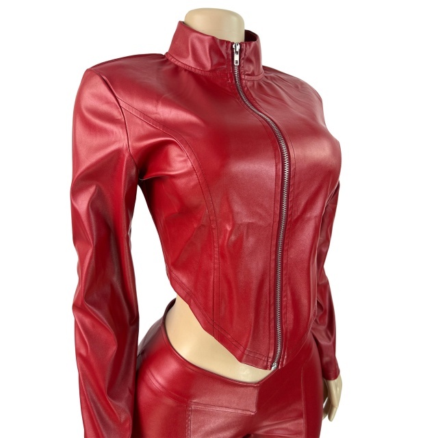 Slim Fit Zippered Stretch Leather Jacket Flared Pants Set