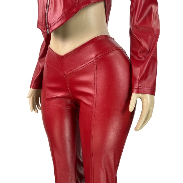 Slim Fit Zippered Stretch Leather Jacket Flared Pants Set