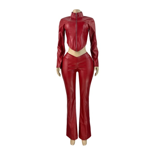 Slim Fit Zippered Stretch Leather Jacket Flared Pants Set