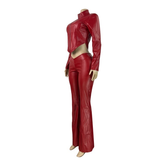 Slim Fit Zippered Stretch Leather Jacket Flared Pants Set