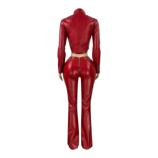 Slim Fit Zippered Stretch Leather Jacket Flared Pants Set