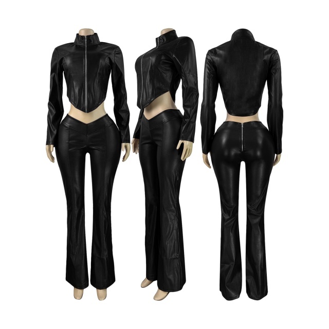 Slim Fit Zippered Stretch Leather Jacket Flared Pants Set