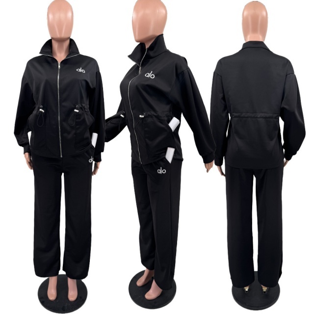 Fashion Embroidery Drawstring Zipper Top Bell Pants Set