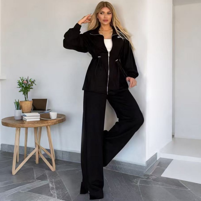Fashion Embroidery Drawstring Zipper Top Bell Pants Set