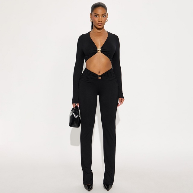 Long Sleeve V Neck Crop Top Skinny Pant Set