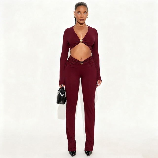 Long Sleeve V Neck Crop Top Skinny Pant Set