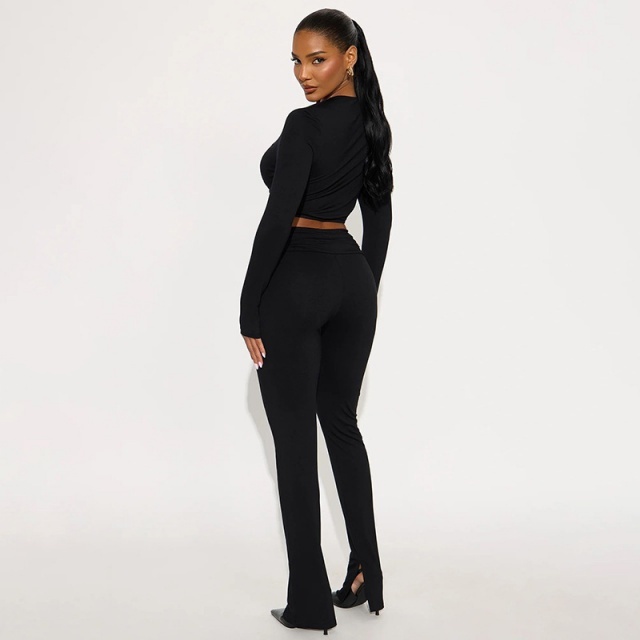Long Sleeve V Neck Crop Top Skinny Pant Set