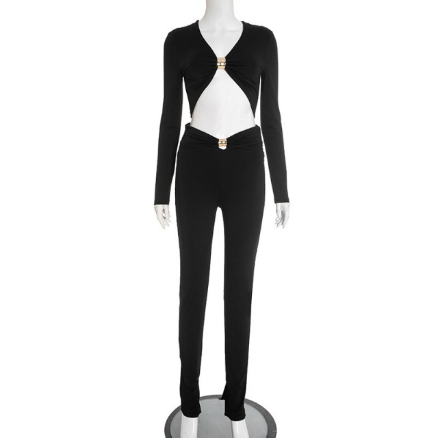 Long Sleeve V Neck Crop Top Skinny Pant Set