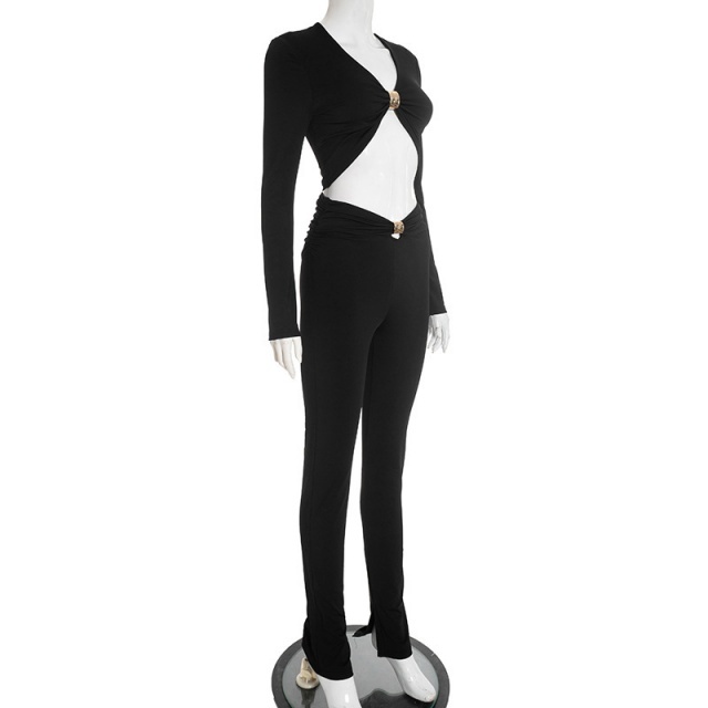 Long Sleeve V Neck Crop Top Skinny Pant Set