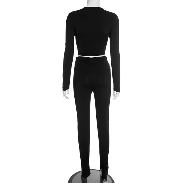 Long Sleeve V Neck Crop Top Skinny Pant Set