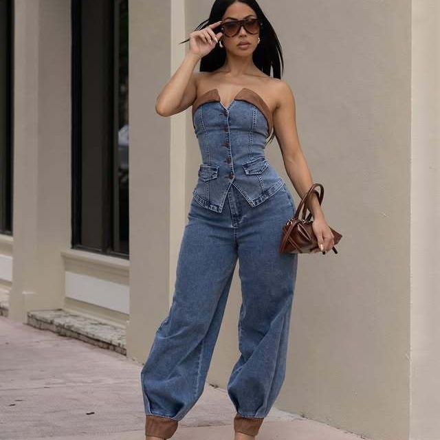Off Shoulder Tube Top Denim Pant Set Two Pieces
