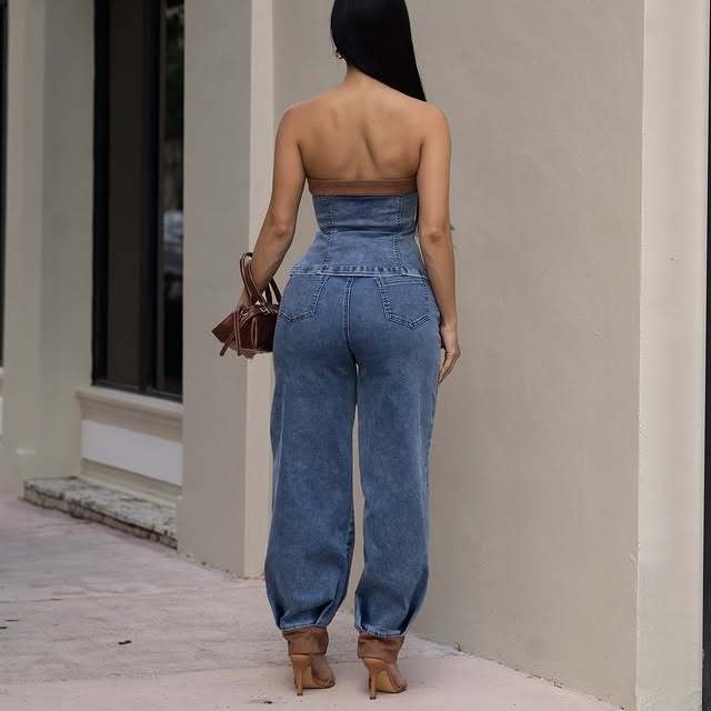 Off Shoulder Tube Top Denim Pant Set Two Pieces
