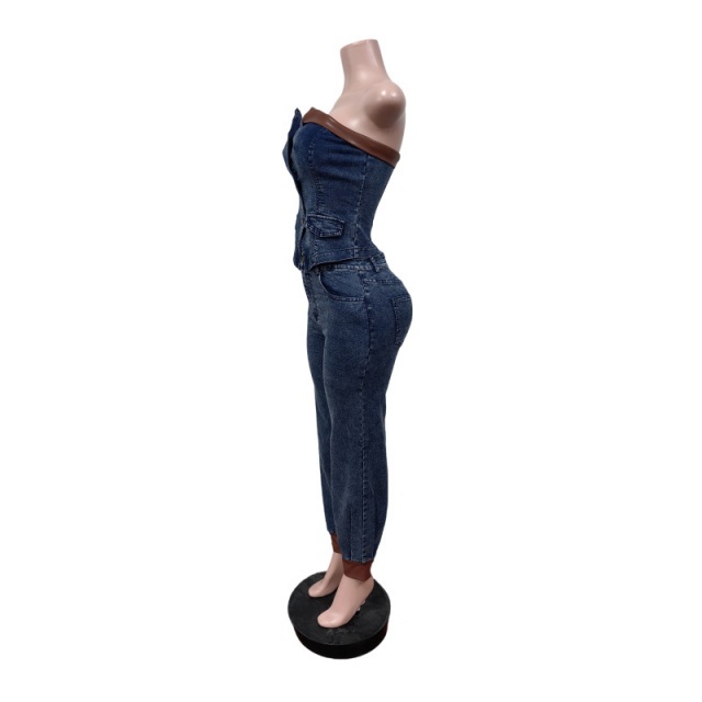 Off Shoulder Tube Top Denim Pant Set Two Pieces
