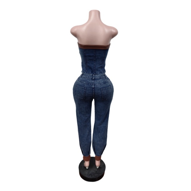 Off Shoulder Tube Top Denim Pant Set Two Pieces