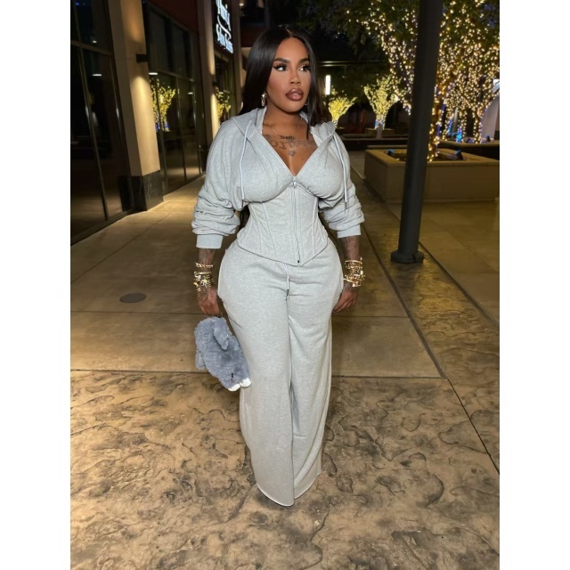 Solid Color Hooded Laced Up Top Two Pieces Pant Set