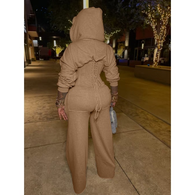 Solid Color Hooded Laced Up Top Two Pieces Pant Set