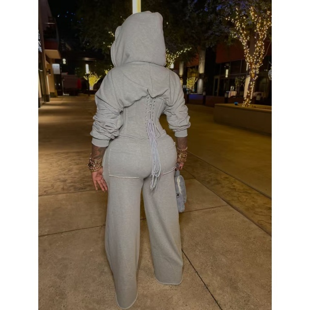 Solid Color Hooded Laced Up Top Two Pieces Pant Set