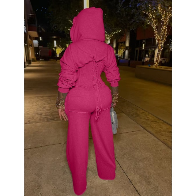 Solid Color Hooded Laced Up Top Two Pieces Pant Set