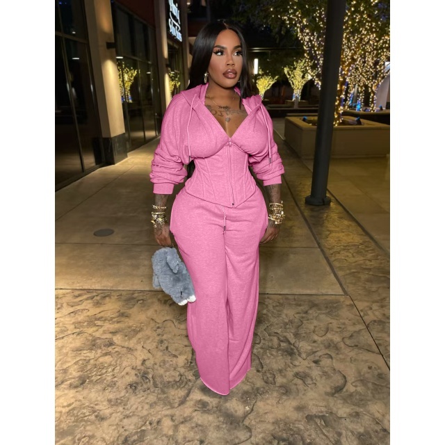 Solid Color Hooded Laced Up Top Two Pieces Pant Set