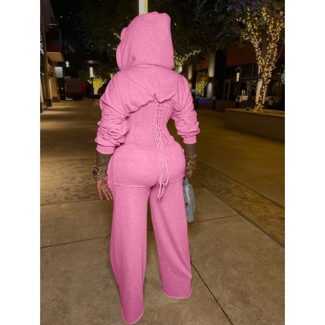 Solid Color Hooded Laced Up Top Two Pieces Pant Set
