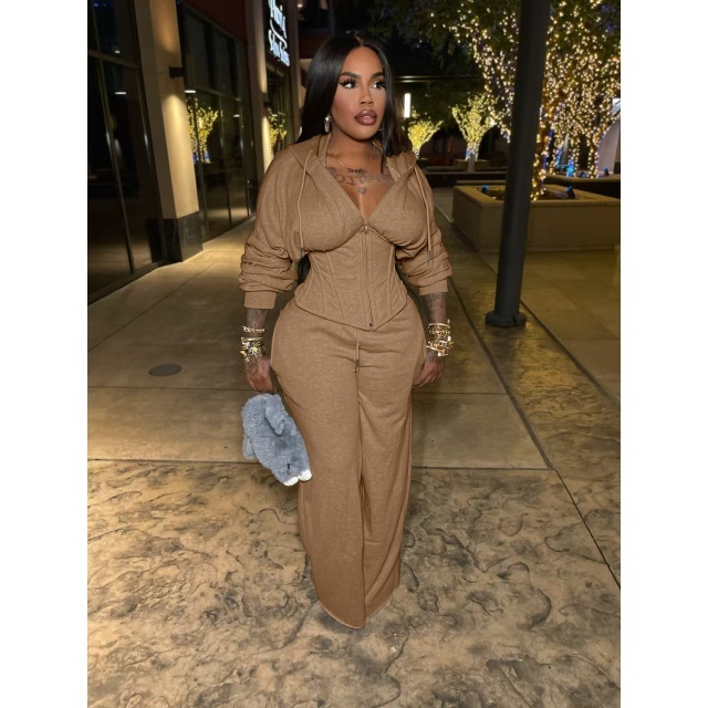 Solid Color Hooded Laced Up Top Two Pieces Pant Set