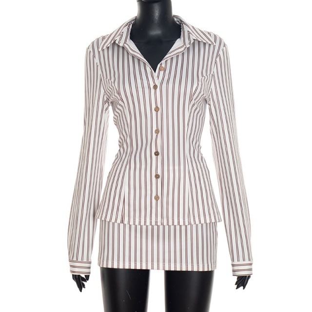 Striped Printed Buttons Down Blouse Shirt Top Mini Skirt Set