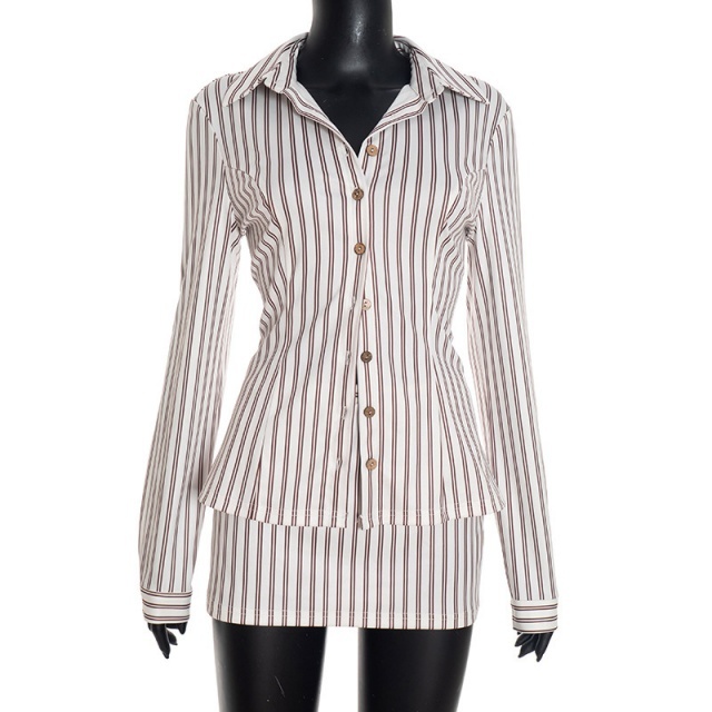 Striped Printed Buttons Down Blouse Shirt Top Mini Skirt Set