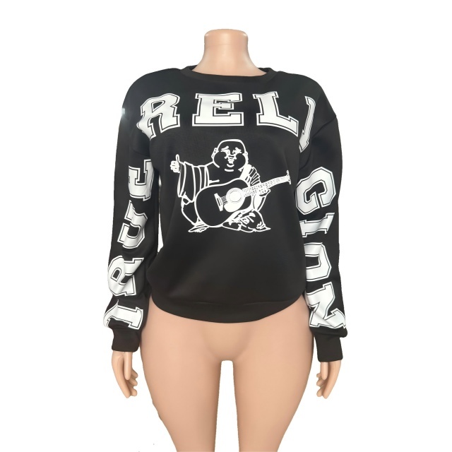 Casual O Neck Long Sleeve Printed Hoodies Top