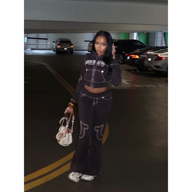 Embroidey Hooded Hoodies Top Flare Pant Set
