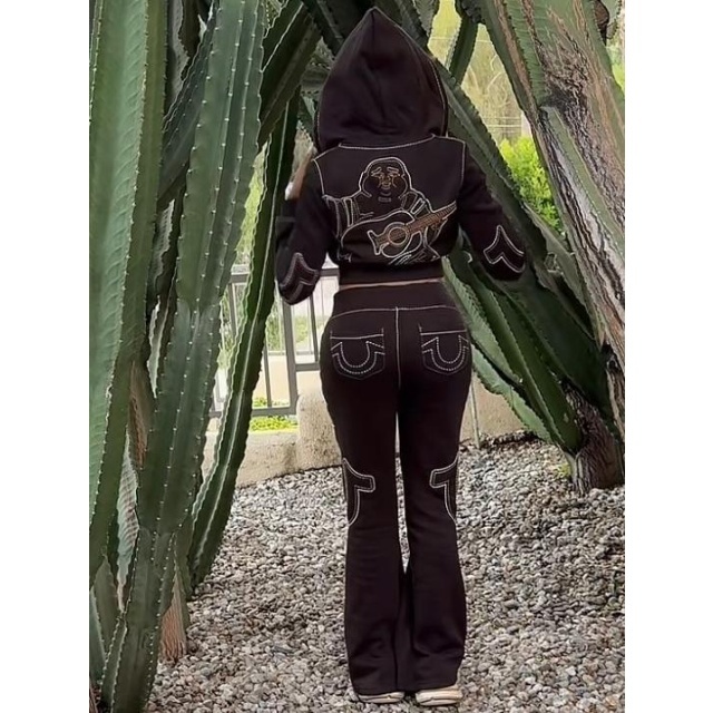 Embroidey Hooded Hoodies Top Flare Pant Set