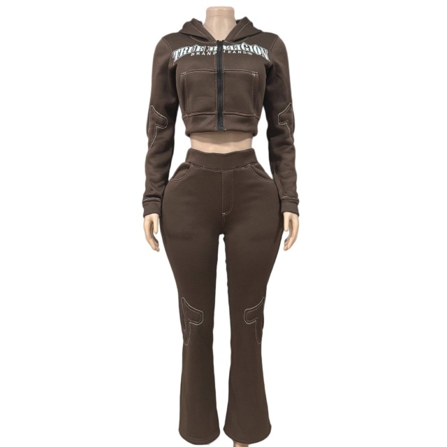 Embroidey Hooded Hoodies Top Flare Pant Set
