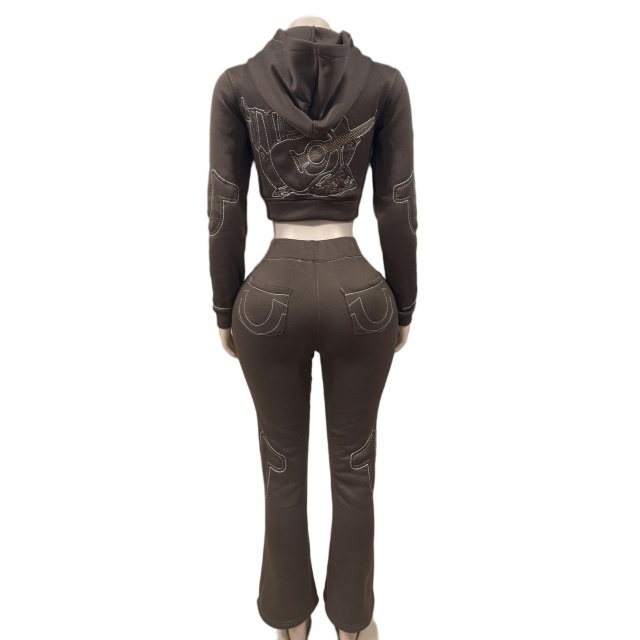Embroidey Hooded Hoodies Top Flare Pant Set