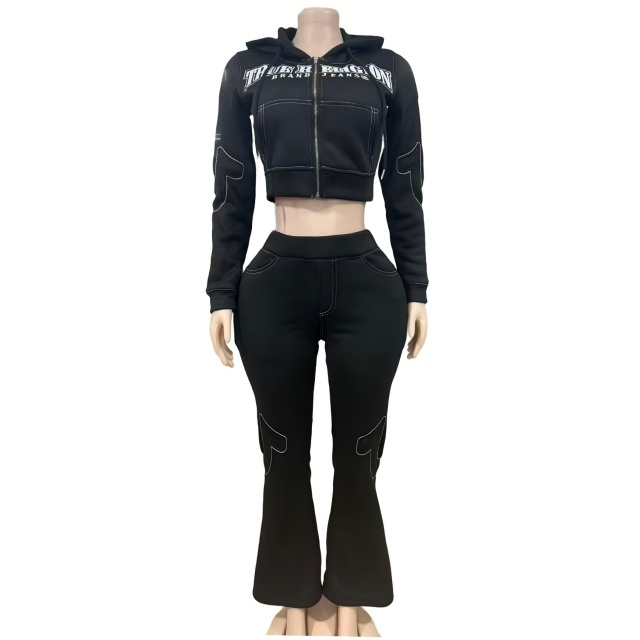Embroidey Hooded Hoodies Top Flare Pant Set