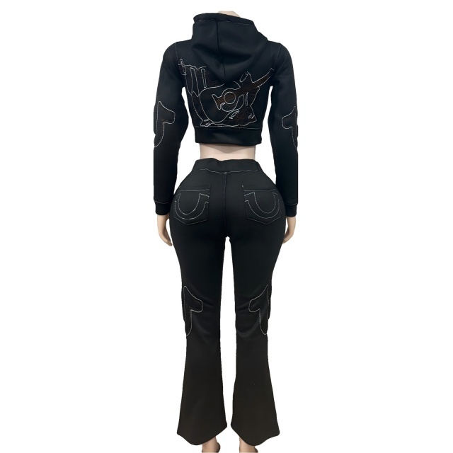 Embroidey Hooded Hoodies Top Flare Pant Set