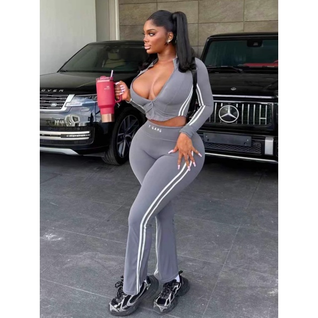 Striped Fashion Long Sleeve Top Tight Pant Set