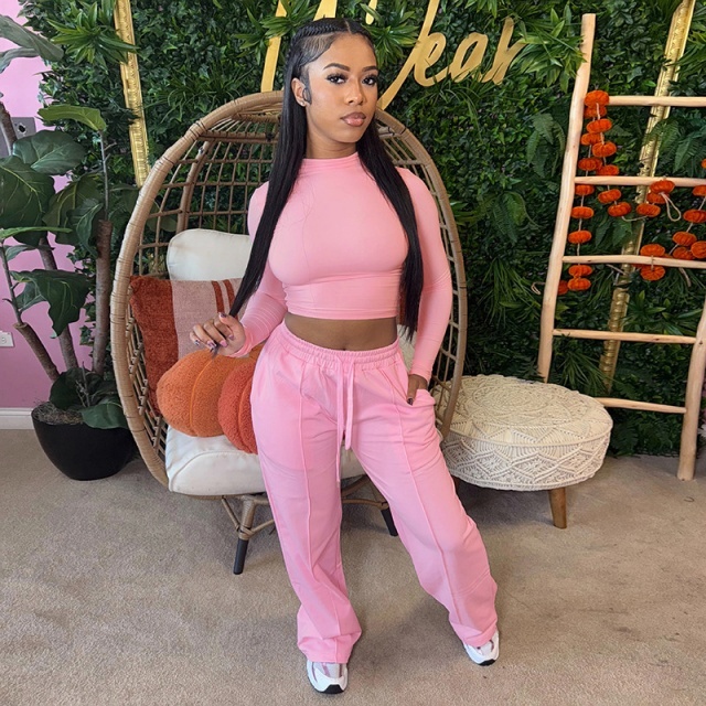 Basic Style Tight Top Casual Pant Set Two Pieces