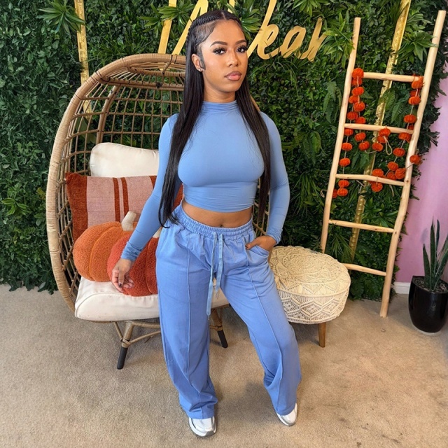 Basic Style Tight Top Casual Pant Set Two Pieces