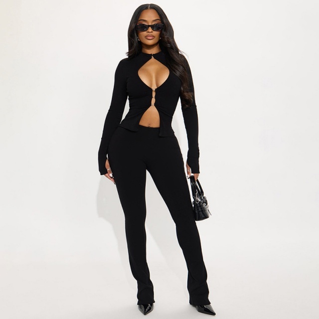 Hollow Out Long Sleeve Top Slim Fit Pant Set