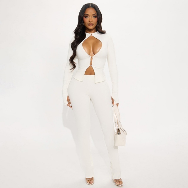 Hollow Out Long Sleeve Top Slim Fit Pant Set
