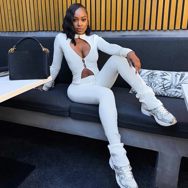 Hollow Out Long Sleeve Top Slim Fit Pant Set