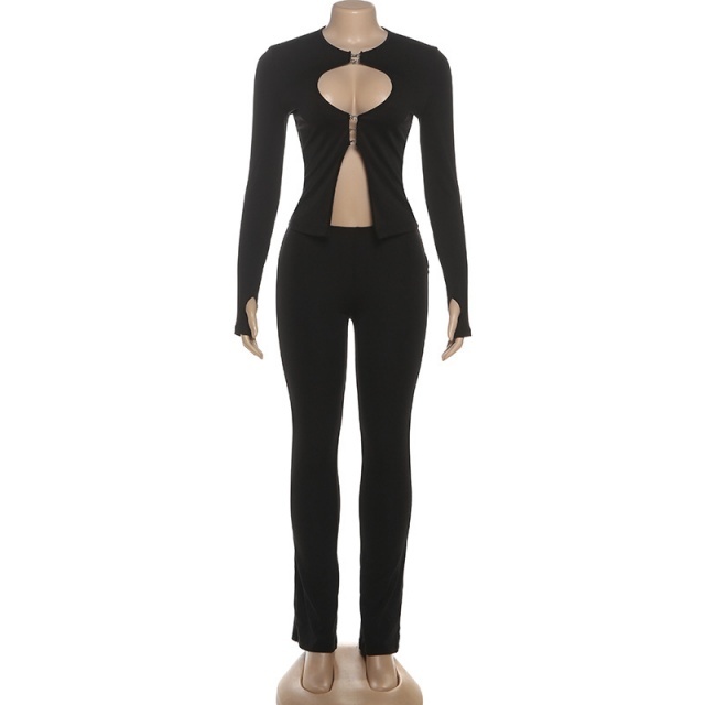 Hollow Out Long Sleeve Top Slim Fit Pant Set